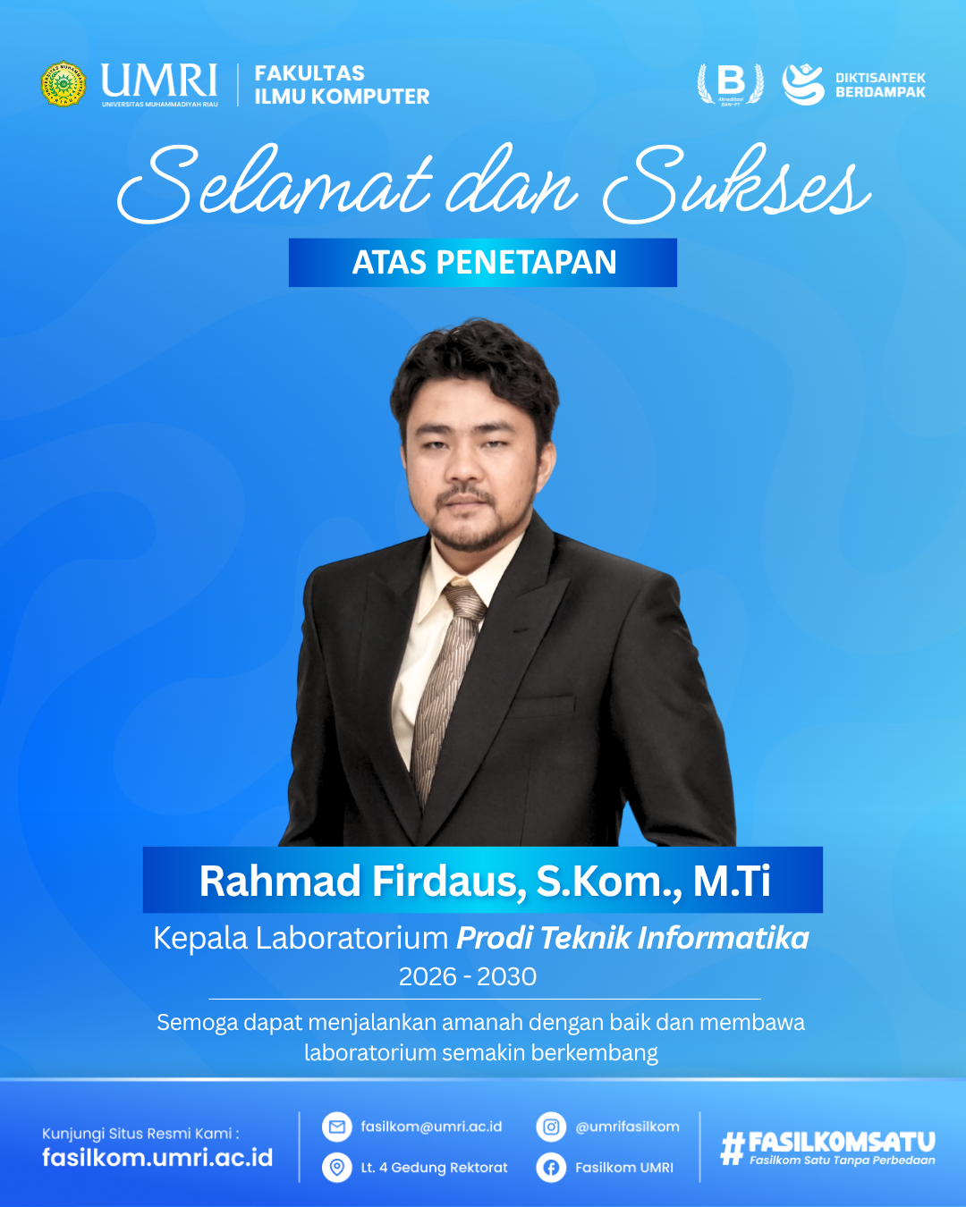 Dosen Bapak Rahmad Firdaus, S.Kom., M.T.I. Resmi Ditetapkan sebagai Kepala Laboratorium Program Studi Teknik Informatika Periode 2026–2030