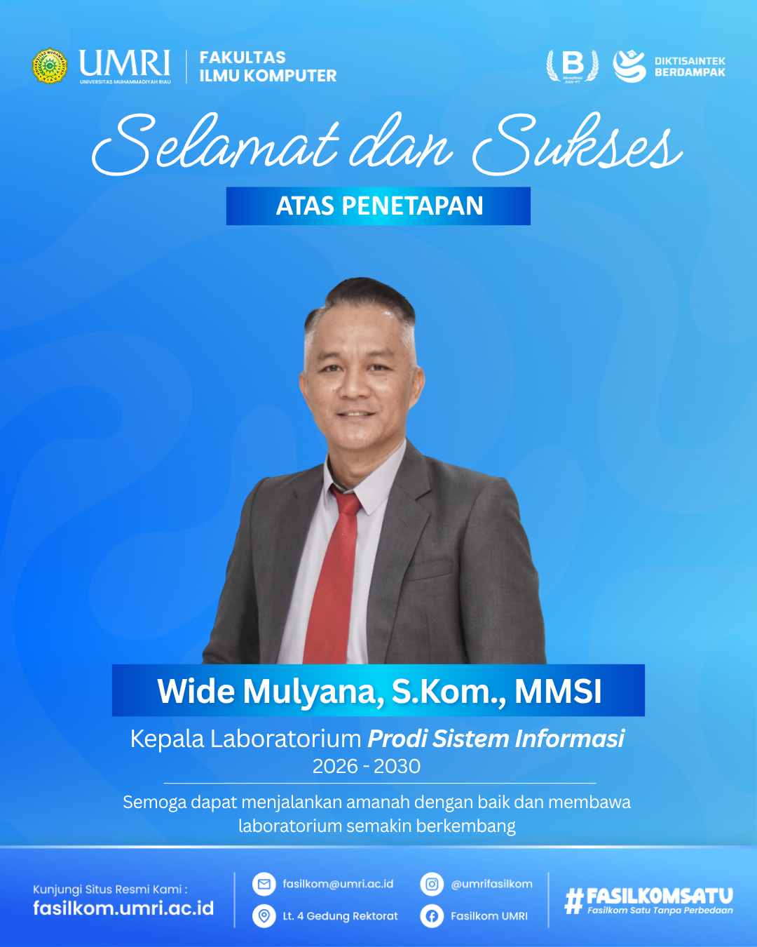 Dosen Bapak Wide Mulyana, S.Kom., MMSI Resmi Ditetapkan sebagai Kepala Laboratorium Program Studi Sistem Informasi Periode 2026–2030