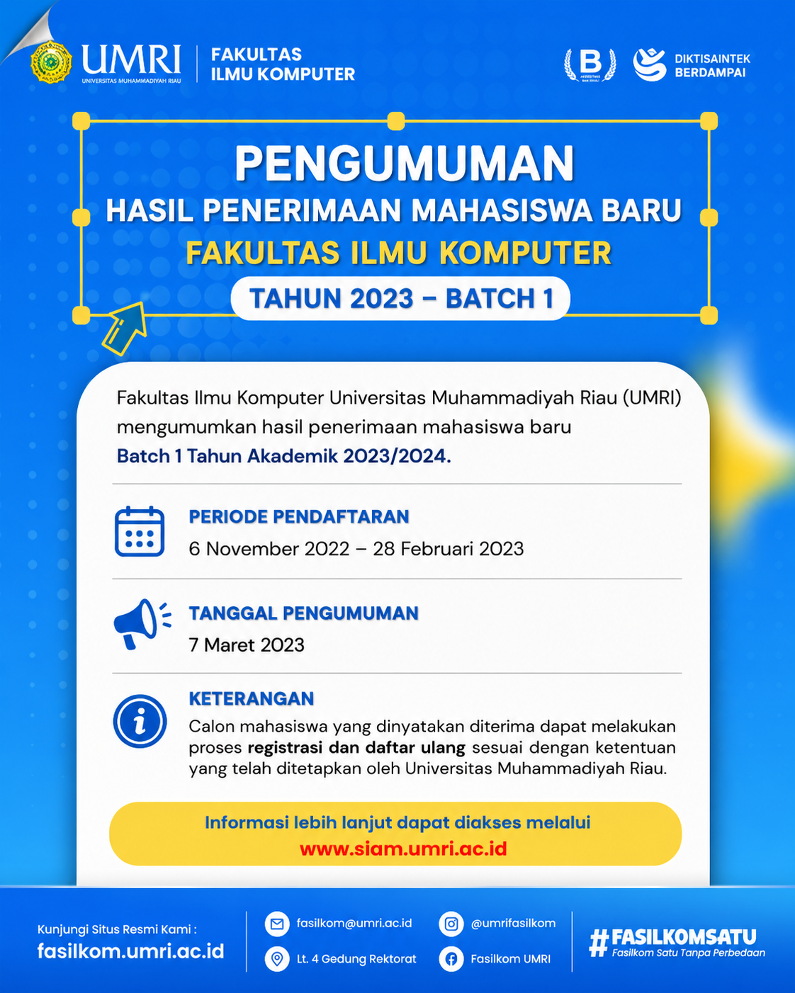 Hasil Penerimaan Mahasiswa Baru Fakultas Ilmu Komputer Batch I Tahun 2023